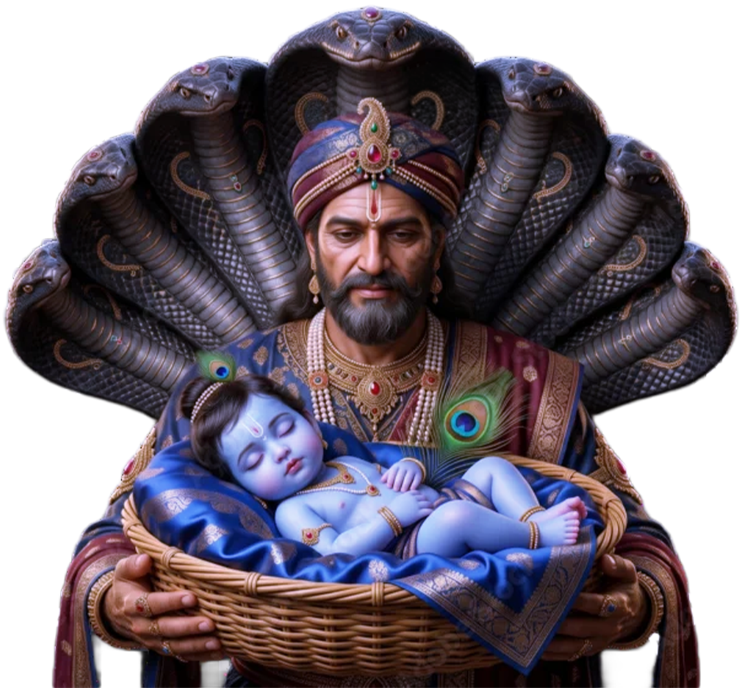 Vasudev carrying baby Krishna to safety, sheltered by Sheshnag