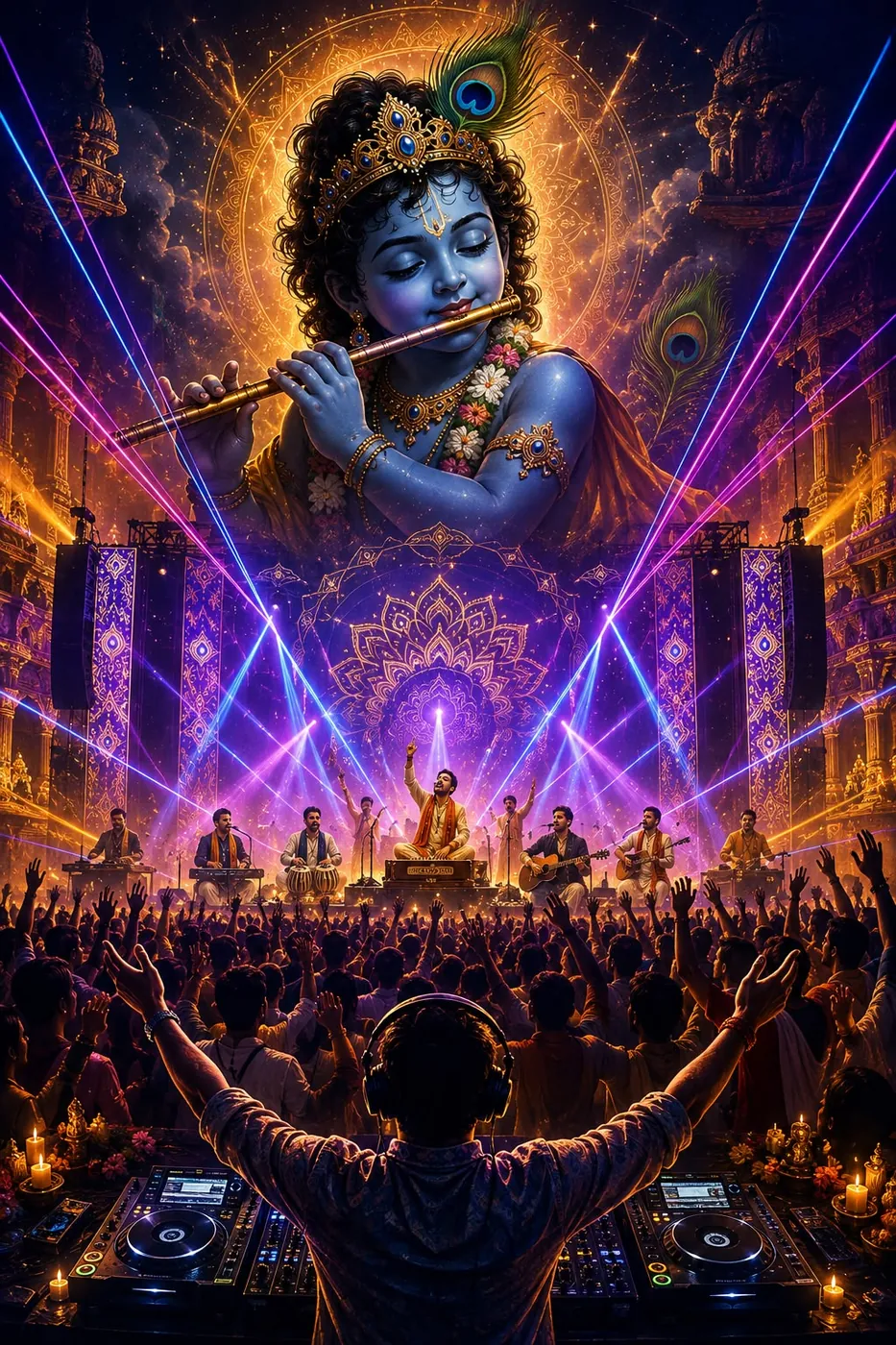 The Janmashtami Concert — kirtan musicians and a laser-lit stage beneath Krishna