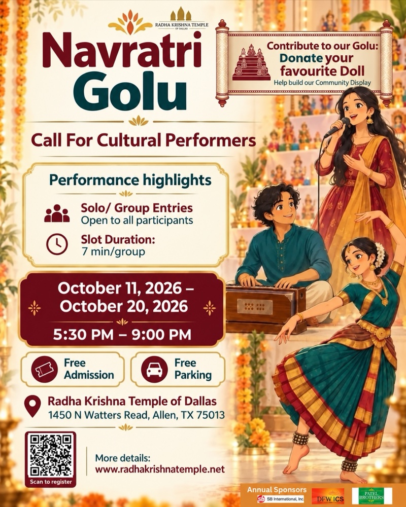 Navratri Golu call for cultural performers: singers and a dancer in front of the Golu doll steps