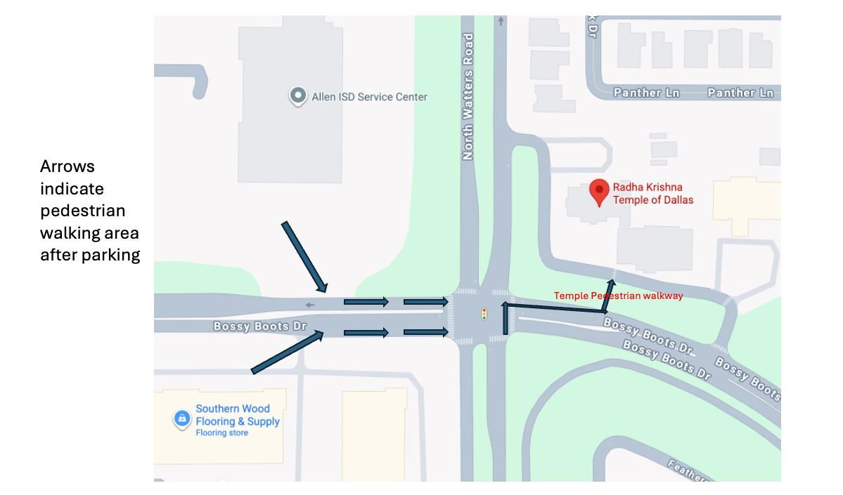 Parking map for Radha Krishna Temple, Allen — Prana Pratishtha Mahotsavam